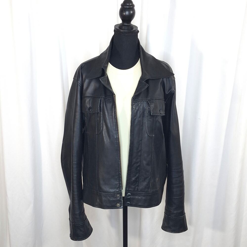 Leather Cult Jacket Mens Unisex Medium Black Genuine Leather Biker Vintage Moto - Picture 3 of 15